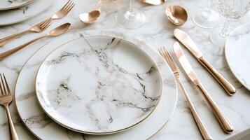 Elegant Marble Table Setting with Modern Flatware and Glassware Display photo