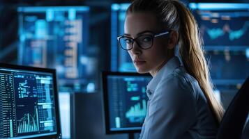 Focused Woman Working at Computer Analyzing Financial Data and Charts photo