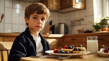 Young Boy Sitting at Breakfast Table with Thoughtful Gaze photo