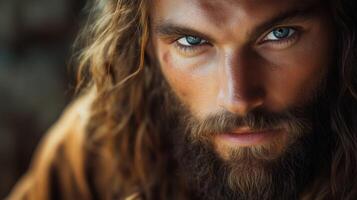Dramatic Portrait of a Handsome Bearded Man with Long Wavy Hair in a Captivating Natural Landscape photo