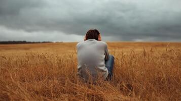 A solitary person sitting in a vast golden field under an overcast sky photo