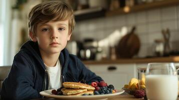 Thoughtful Young Boy Enjoying Breakfast in Home Kitchen photo
