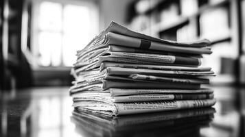 A Neatly Organized Stack of Newspapers and Documents in a Minimalist Workspace Setting photo