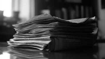 Neatly Stacked Pile of Newspaper Documents on Desk Background photo