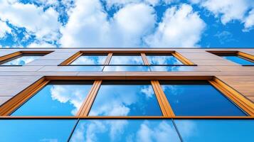 Striking Modern Architecture with Reflective Glass Facade Reaching Towards the Cloudy Sky photo