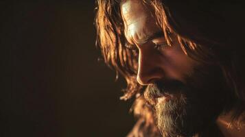 Intense and Captivating Portrait of a Mysterious Man with Flowing Hair and a Powerful Presence photo