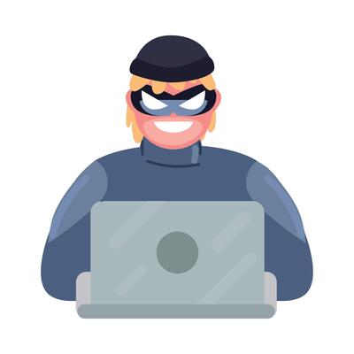 A cartoon thief with a laptop