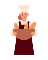 A woman in an apron holding bread in a bowl vector