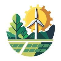 A solar panel and wind turbine are shown in the background vector