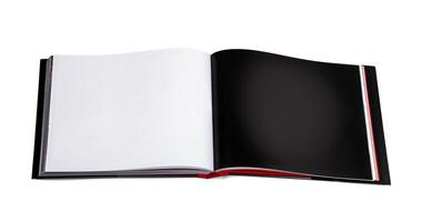 Template of open book with black and white page isolate on white background. Mocap book. Isometric view, on white background. photo