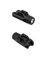Modern LED flashlight with weapon mount. Underbarrel tactical flashlight isolate on white back. photo