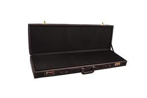 luxury brown leather case with gold-plated combination locks isolated on white background. Suitcase for weapons or musical instruments. photo