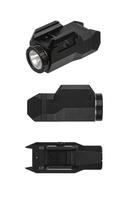 Modern LED flashlight with weapon mount. Underbarrel tactical flashlight isolate on white back. photo