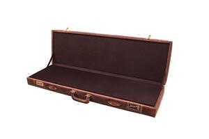 luxury brown leather case with gold-plated combination locks isolated on white background. Suitcase for weapons or musical instruments. photo