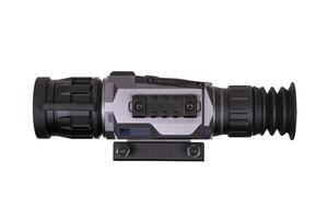 modern black optical scope for weapon isolated on whited. sight scope isolated on white back. photo