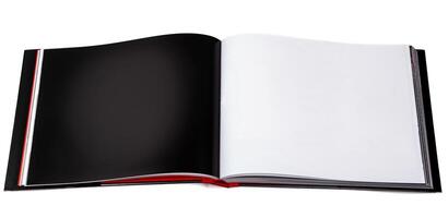 Template of open book with black and white page isolate on white background. Mocap book. Isometric view, on white background. photo