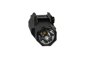 Modern LED flashlight with weapon mount. Underbarrel tactical flashlight isolate on white back. photo
