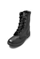 Black leather boot isolate on a white background. New army boot. Shoes for the military, police and special units. photo