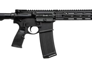 Close-up of the open bolt cover. A modern automatic carbine without sights and with an additional handle. Isolate on a white back photo