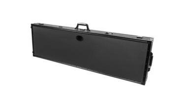Large modern black case for storing and transporting weapons. Suitcase on wheels with soft foam inside for safe transportation of weapons. Metal container for shotguns, rifles and shotguns. photo