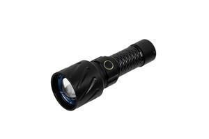 Modern metal LED flashlight in black color. Portable flashlight isolate on a white back photo