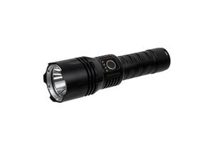 Modern metal LED flashlight in black color. Portable flashlight isolate on a white back photo