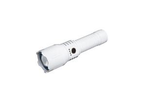 Modern metal LED flashlight in white color. Portable flashlight isolate on a white back photo