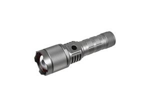 Modern metal LED flashlight in gray color. Portable flashlight isolate on a white back photo