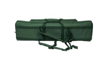 Soft light beige gun case with extra pockets. Bag for storing and transporting weapons. Isolate on a white back. photo