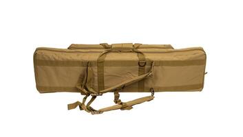 Soft light beige gun case with extra pockets. Bag for storing and transporting weapons. Isolate on a white back. photo