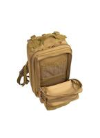Modern tactical backpack with zippers and additional pockets. Large secure bag. Isolate on a white background. photo