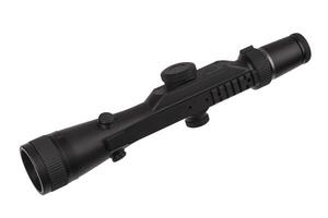modern black optical scope for weapon isolated on whited. sight scope isolated on white back. photo
