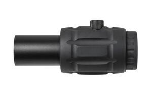 modern black optical scope for weapon isolated on whited. sight scope isolated on white back. photo