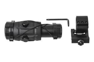 modern black optical scope for weapon isolated on whited. sight scope isolated on white back. photo