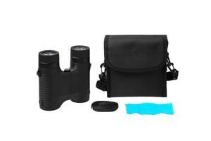 Modern binoculars isolated on white background. Black binoculars and a soft case to it on a light background. photo