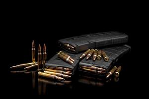 Bullet isolated on black background with reflexion. Rifle bullets close-up on black back. Cartridges for rifle and carbine on a black. photo