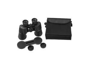 Modern binoculars isolated on white background. Black binoculars and a soft case to it on a light background. photo