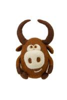 Toy bull made of felt isolate on a white background. Toy made of felted wool on a light backg. Cute soft bull figurine. Symbol of 2021. photo