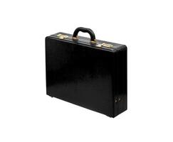 Brown leather suitcase with combination lock and gold locks isolated on white background. Briefcase for important business documents and papers. photo