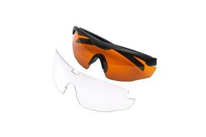 Modern goggles for eye protection. Glasses with plastic frames and plastic lenses. Isolate on a white back. photo