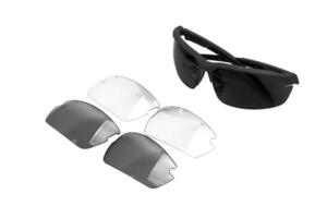Modern goggles for eye protection. Glasses with plastic frames and plastic lenses. Isolate on a white back. photo