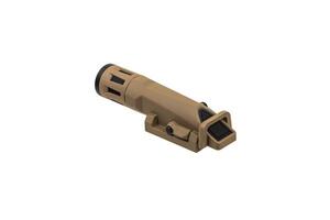 Modern LED flashlight with weapon mount. Underbarrel tactical flashlight isolate on white back. photo