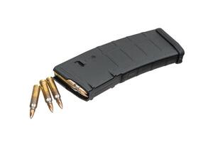 Cartridges and clips for a rifle or carbine. Ammunition for weapons. Isolate on a white back. photo