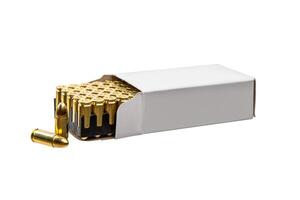 A box of cartridges for a pistol. Ammunition for weapons. Isolate on a white back. photo
