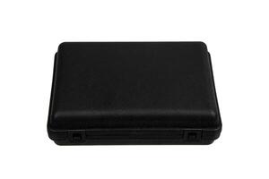 Black plastic container with foam inside for safe storage and transportation of fragile and expensive items. Sturdy plastic case. Isolate on a white back. photo