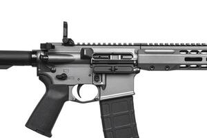 Close up of modern automatic rifle isolated on white background. Weapons for police, special forces and the army. Automatic carbine with mechanical sights. Assault rifle on white photo