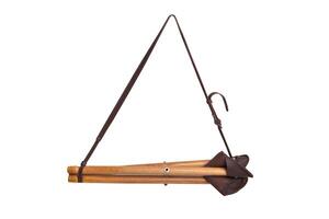 Folding wooden hunting stool tripod isolate on white background. Three-legged camping chair. photo