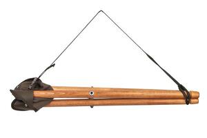 Folding wooden hunting stool tripod isolate on white background. Three-legged camping chair. photo