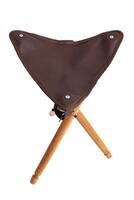 Folding wooden hunting stool tripod isolate on white background. Three-legged camping chair. photo