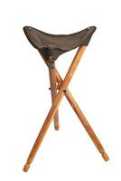 Folding wooden hunting stool tripod isolate on white background. Three-legged camping chair. photo